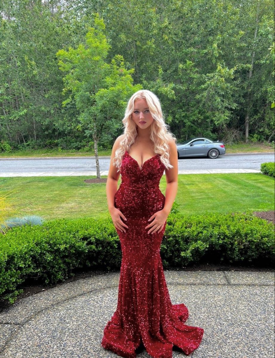 Sexy Mermaid Spaghetti Straps Burgundy Sequin Long Glitter Junior Prom Dresses Inspiration Party Dress Graduation Gown RB1277
