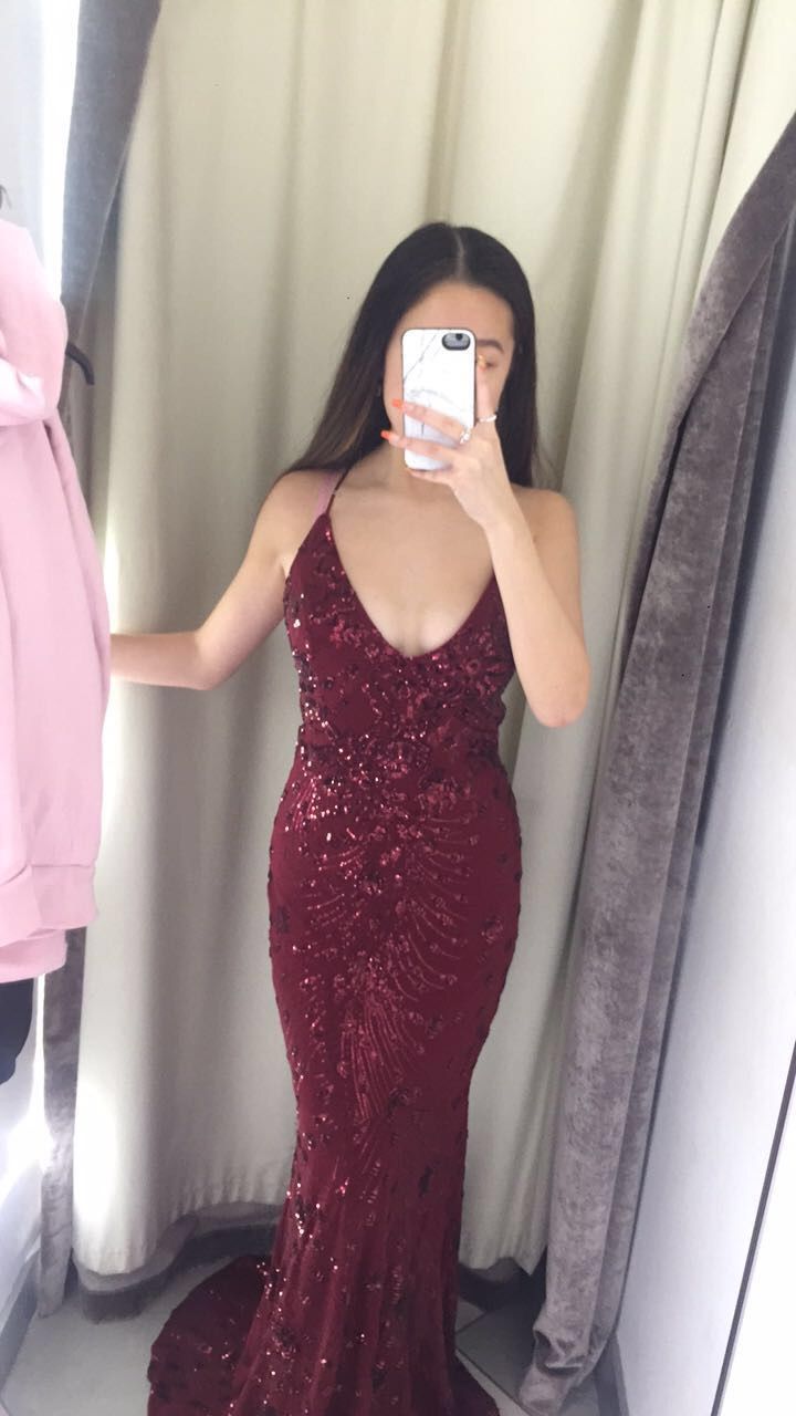 Stunning Mermaid Halter Burgundy Sequin Lace Long Prom Dresses Inspiration Prom Gowns RB1326