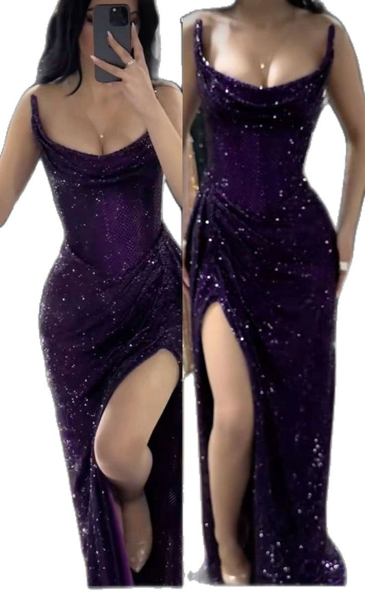 Einzigartiges Meerjungfrau-Abschlussballkleid mit trägerlosem, dunkelviolettem Pailletten-Split-Abschlussballkleid, langes Partykleid, Geburtstags-Outfits, Abschlussballkleid RB1329
