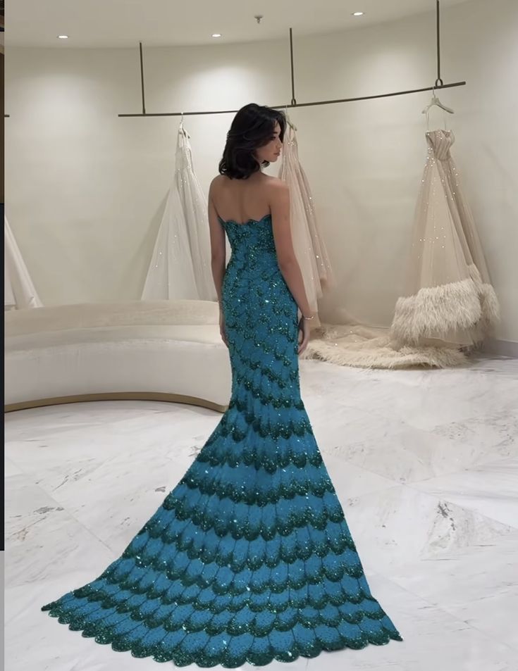 Exquisite Mermaid Strapless Blue Sequins Prom Dresses Long Party Dress 18th Birthday Outfit Prom Gowns RB1339