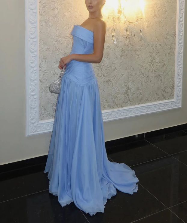 Modest Mermaid Strapless Blue Sleeveless Chiffon Long Prom Dresses With Pleated Inspo Prom Gown RB1348