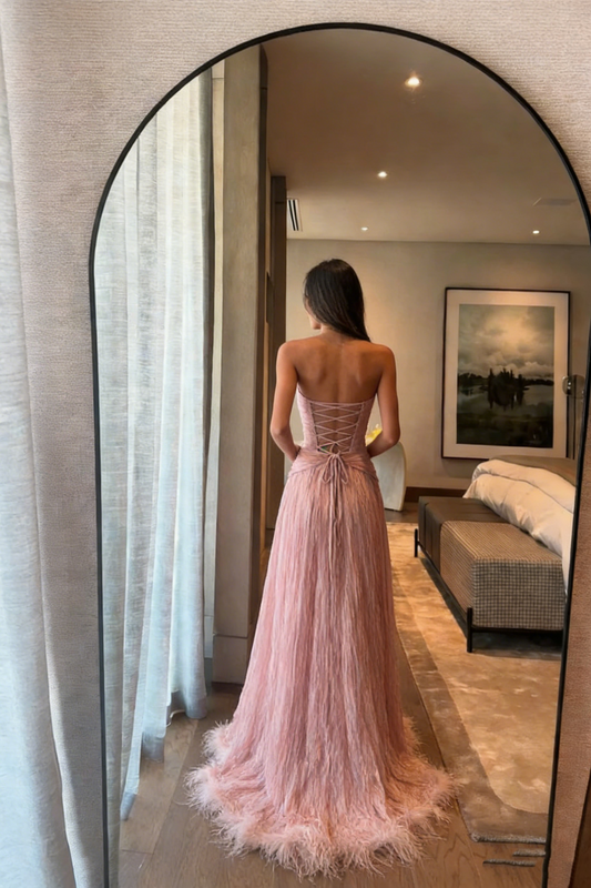 Besonderes A-Linie Herzausschnitt Plissee Chiffon Rosa Ärmellos Federn Langes Ballkleid Inspo Ballkleid RB1394