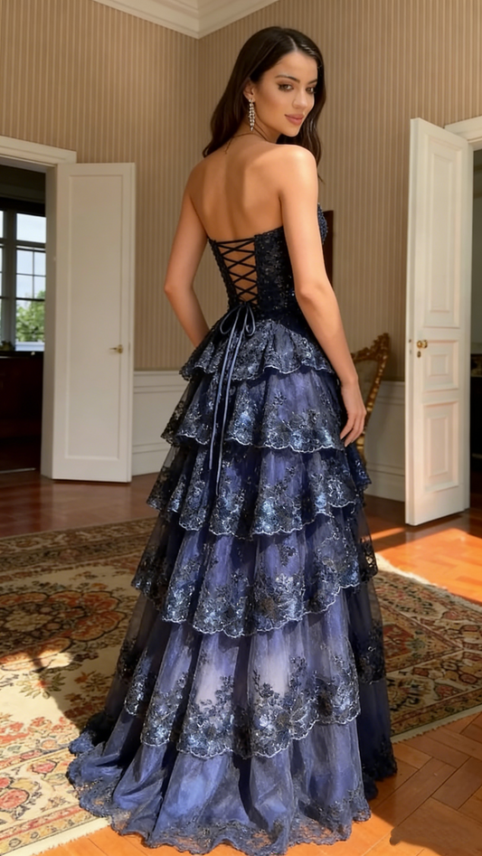 Besonderes A-Linie Herzausschnitt Dunkelmarineblau Spitze Pailletten Ärmellos Langes Ballkleid Inspo Ballkleid RB1410