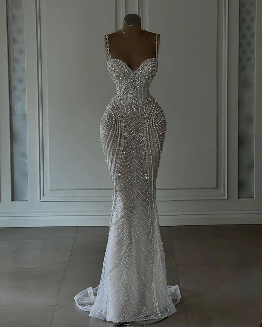 Sparkly Mermaid Spaghetti Straps White Sequin Beaded Wedding Dress Long Bridal Gown Wedding Dresses RB1442