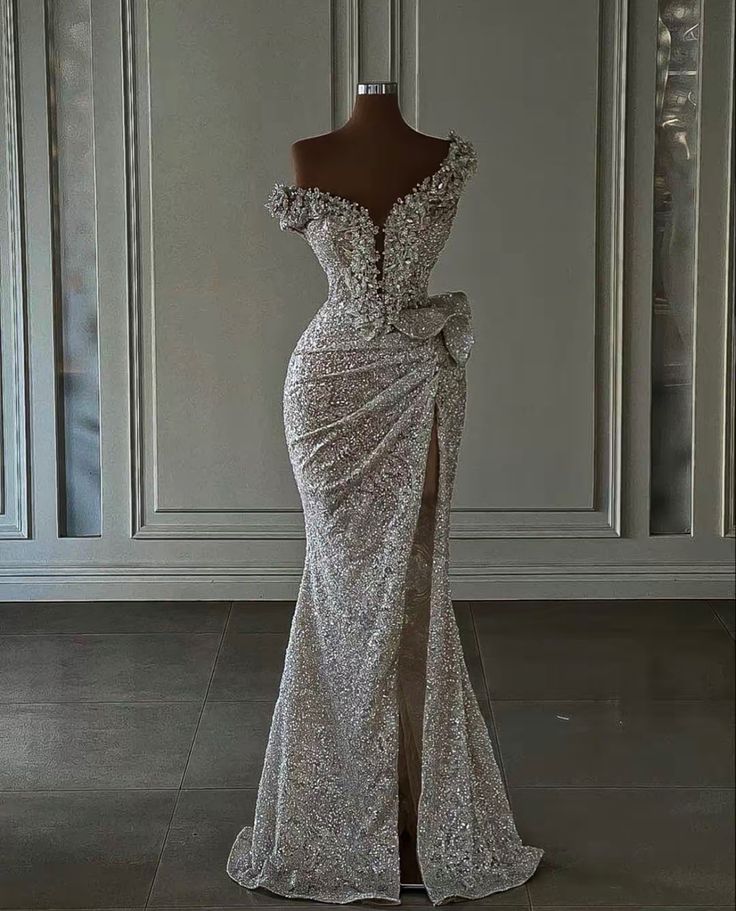 Shinning Mermaid Silver Sequin Split Prom Dresses Party Dress 18th Birthday Outfits Graduation Dress RB1445