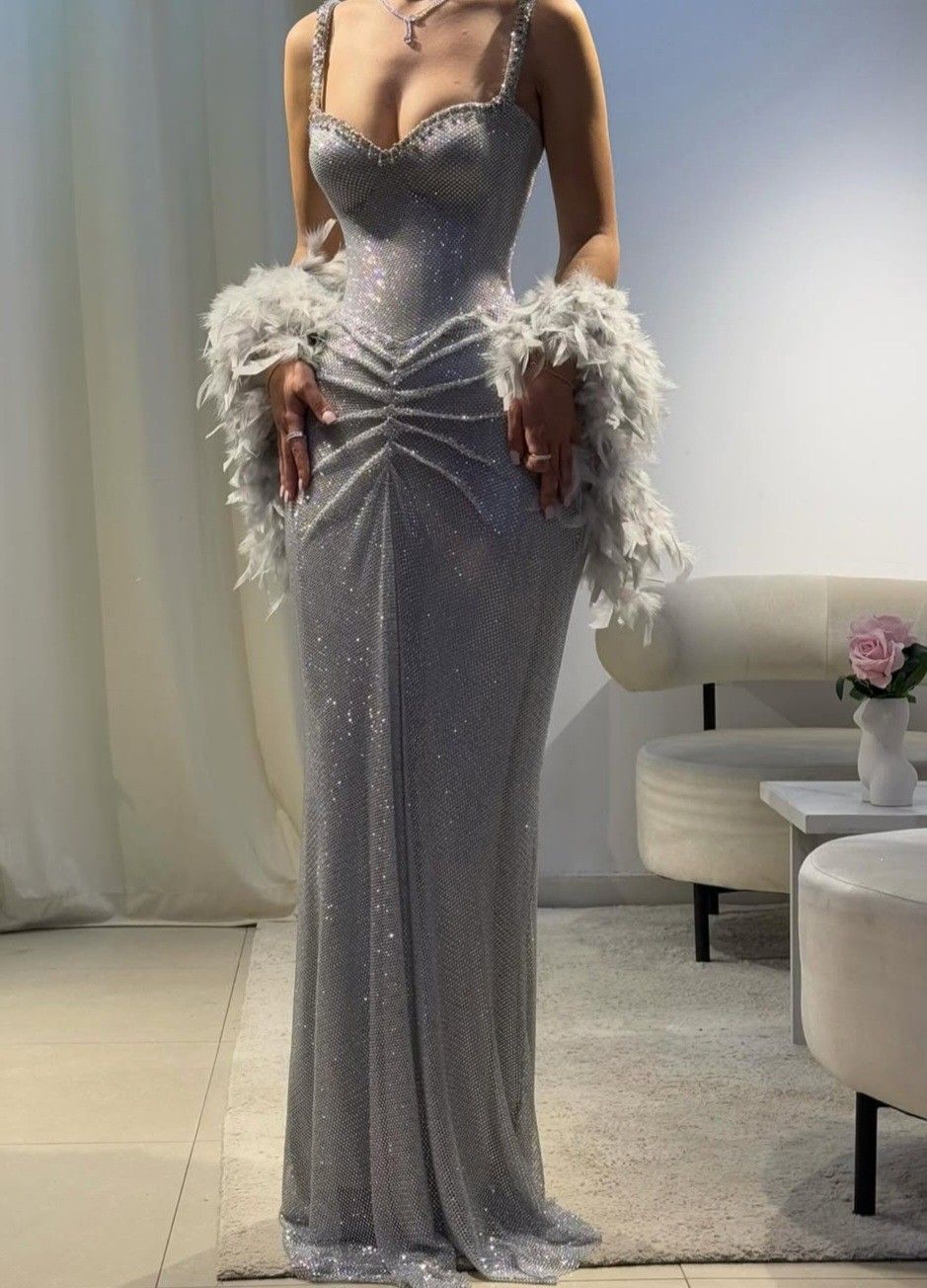 Glamour Mermaid Spaghetti Straps Sequin Silver Prom Dresses Party Dress 20th Birthday Outfits Graduation Dress RB1450