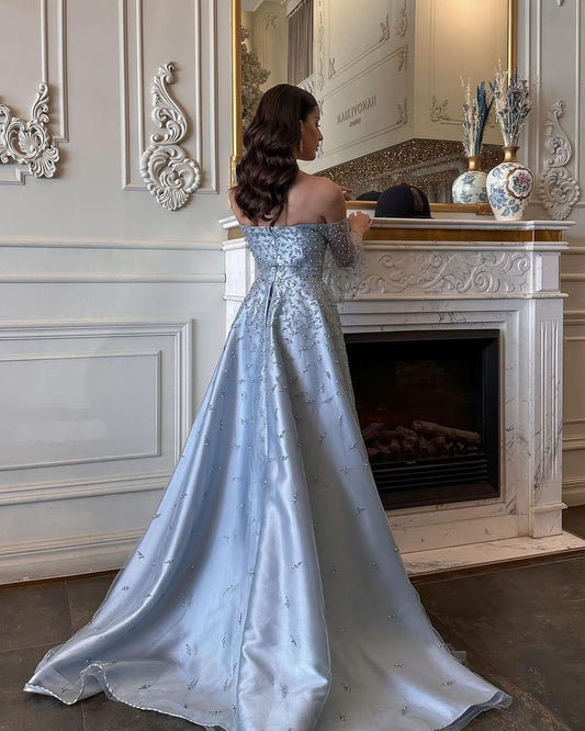 Ethereal Mermaid Off The Shoulder Beaded Satin Long Prom Dresses Formal Dress 23rd Birthday Outfits Prom Gown RB1561
