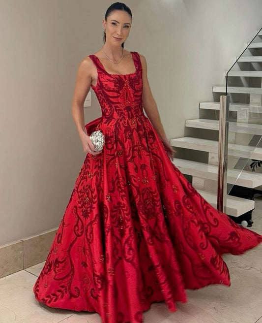 Chic Ball Gown Square Neck Red Satin Long Prom Dresses 20th Birthday Outfits Prom Gown RB1562
