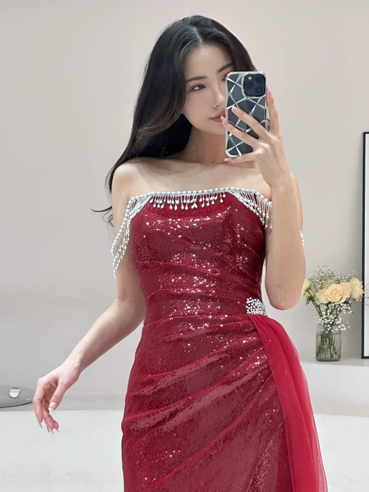 Modest Mermaid Strapless Burgundy Sequin Beaded Long Prom Dresses For Teens Formal Dress 20th Birthday Outfits Prom Gown RB1602