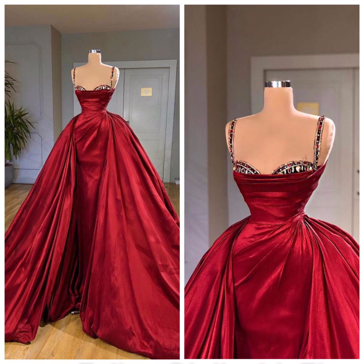 Schickes Ballkleid mit Spaghettiträgern in Burgunderrot und Satin, lange Ballkleider, beeindrucken Sie mit Outfits zum 18. Geburtstag, Ballkleid RB1623