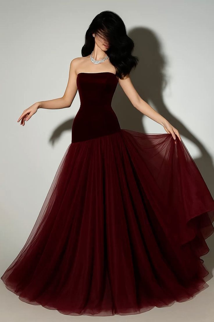 Vintage Mermaid Strapless Burgundy Tulle Long Prom Dresses For Teens Formal Dress 20th Birthday Outfits Prom Gown RB1628