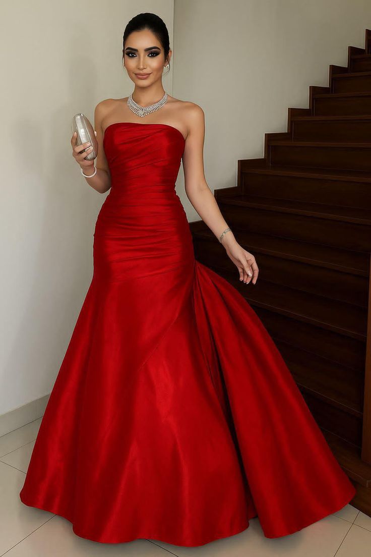 Zeitloses Meerjungfrau-Kleid, trägerlos, rot, Satin, lang, für Teenager, formelle Kleidung, 20. Geburtstag, Outfits, Abendkleid RB1630