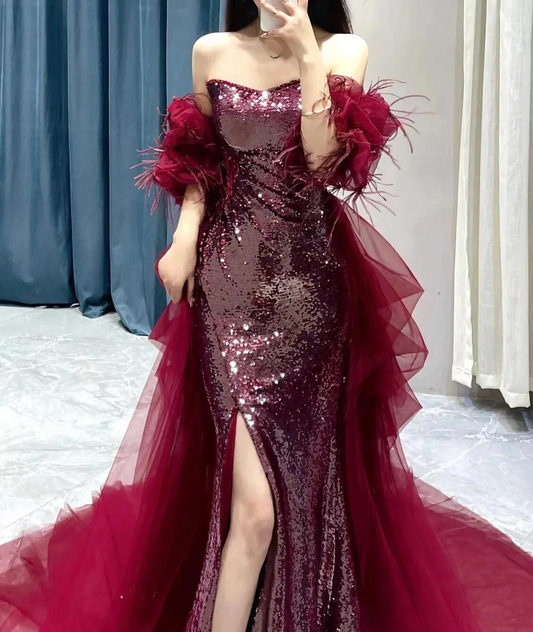 Shinning Mermaid Strapless Sequin Burgundy Slit Prom Dresses Formal Dress 18th Birthday Outfits Prom Gown RB1781