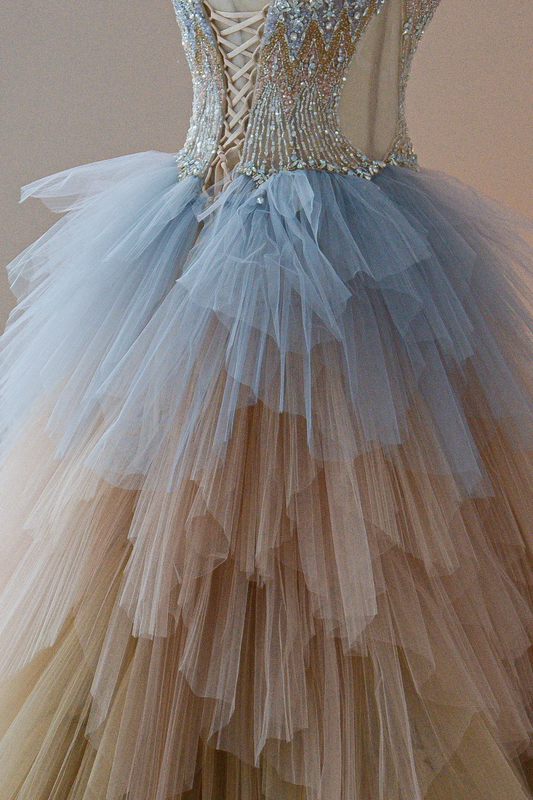 Charming Ball Gown Strapless Champagne Tulle With Silver Beaded Long Quinceanera Dress Sweet 15 16 Dresses RB1788
