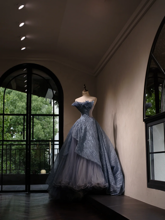 Charming Ball Gown Strapless Dusty Blue Tulle Pleated Long Quinceanera Dress Sweet 15 16 Dresses RB1797