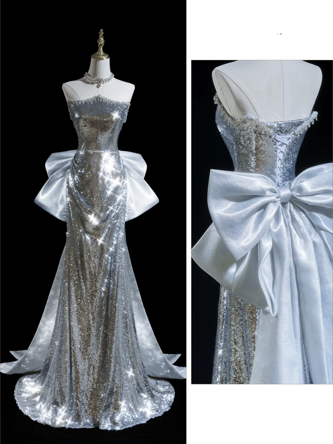 Glitzernde Meerjungfrau, trägerlose Pailletten, silberfarben, lange Ballkleider für Teenager, formelle Kleidung, Geburtstags-Outfits, Abendkleid RB1851