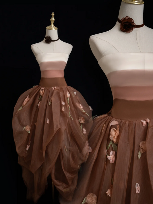 Retro Ballkleid Trägerlos Braun Tüll Ballkleider Beeindrucken 18. Geburtstag Outfits Ballkleid RB1878