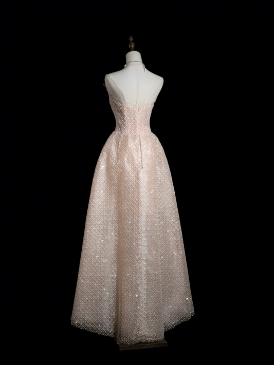 Retro-Ballkleid, trägerlos, hellrosa, lange Pailletten, Ballkleider, beeindrucken, Outfits zum 18. Geburtstag, Ballkleid RB1887