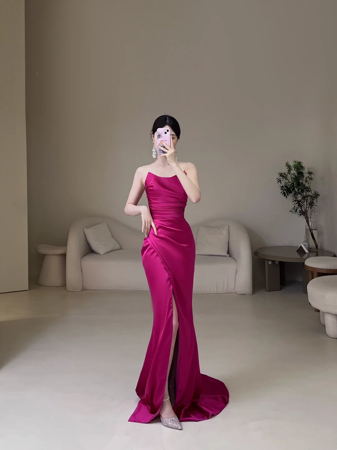 Retro Mermaid Strapless Fuchsia Pink Satin Slit Long Prom Dresses Impress 19th Birthday Outfits Prom Gown RB1896