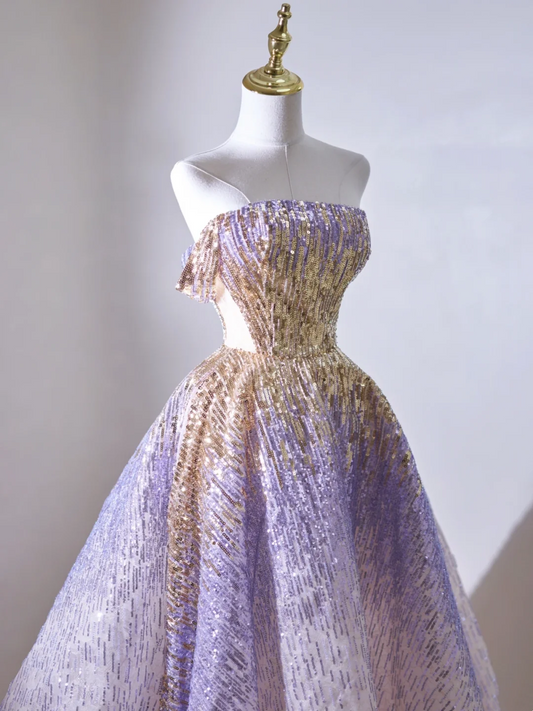Retro-Ballkleid, schulterfrei, lila, lange Pailletten, Ballkleider, beeindrucken, 18. Geburtstags-Outfits, Ballkleid RB1899