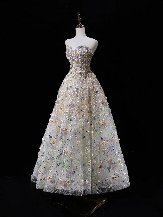 Beautiful Ball Gown Sweetheart Tulle Flowers Long Prom Dresses Impress Sweet 16 Birthday Outfits Prom Gown RB1912