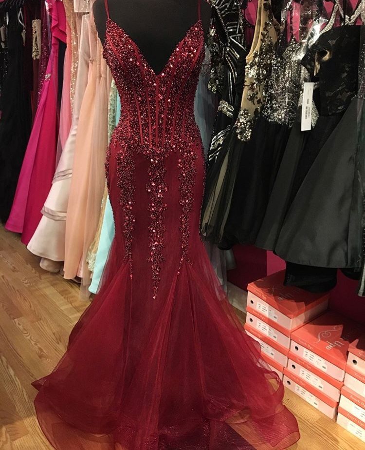 Elegant Mermaid Spaghetti Straps Burgundy Tulle Long Prom Dresses Formal Dress Beaded Birthday Outfits Prom Gown RB1957