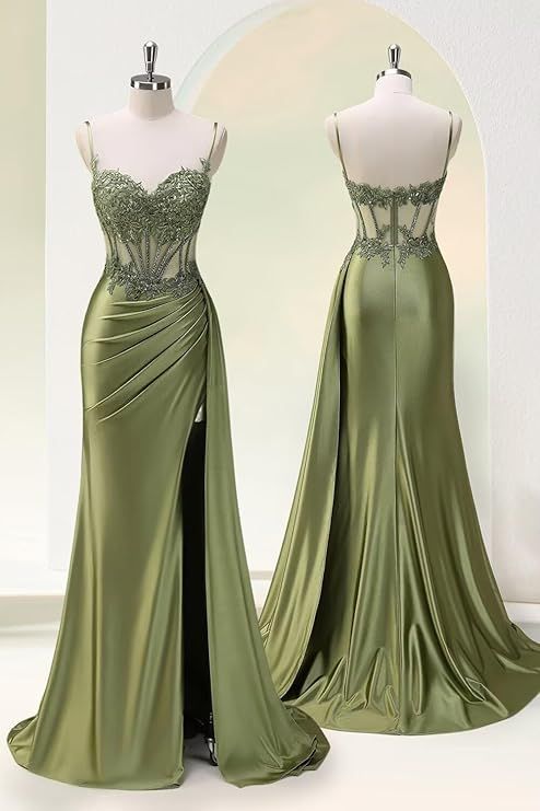 Sexy Mermaid Spaghetti Straps Olive Green Slit Side Long Prom Dresses Inspiration Formal Gown RB1991