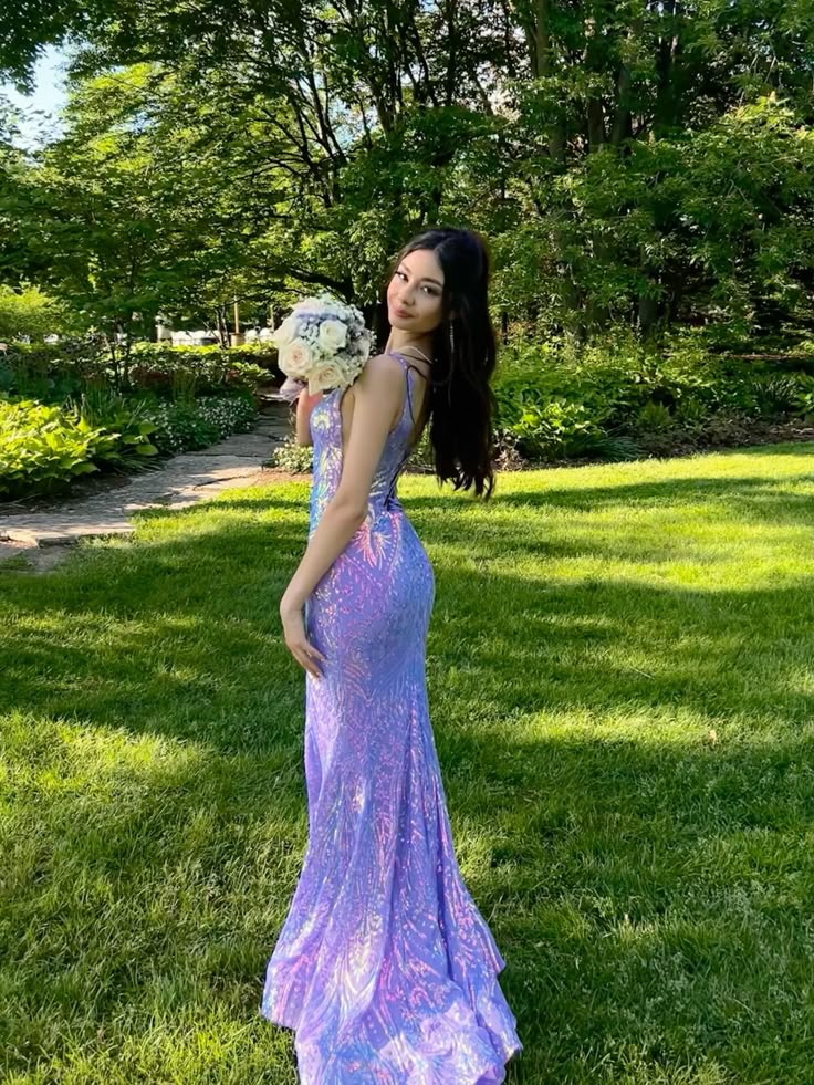 Fancy Mermaid V Neck Lilac Sequin Long Prom Dresses For Teens Formal Dress Party Outfits Prom Gown RB2003
