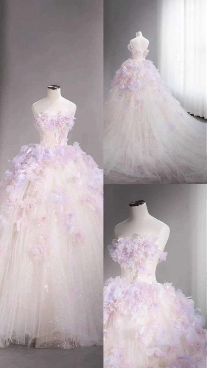 Charming Ball Gown Strapless Light Lilac Tulle Flowers Long Quinceanera Dress Sweet 15 16 Dresses RB2086