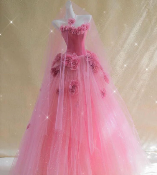 Nettes trägerloses Ballkleid Rosa Tüll Langes Quinceanera-Kleid Wunderschöne Quinceanera-Kleider Sweet 15 16 Kleid B107