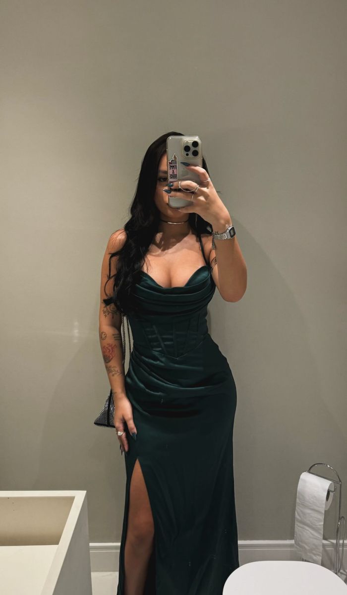 Sexy Mermaid Spaghetti Straps Dark Green Satin Slit Prom Dresses For Teens Formal Dress Party Outfits Prom Gown RB2148