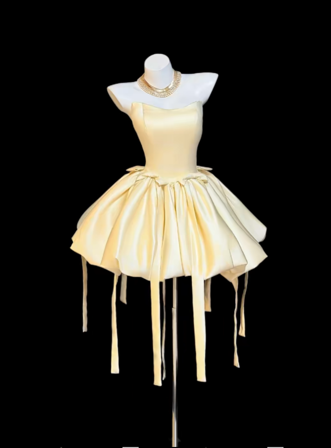 Hübsches Ballkleid Sweetheart Gelber Satin Für Damen Mädchen Teenager Abschlussfeier Inspo Kurze Outfits zum 15. Geburtstag Homecoming Kleider RB3106