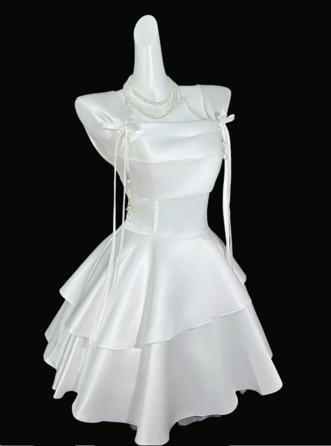 Pretty Ball Gown Square Neck White Satin Mini University Ideas Homecoming Dress Inspo Short High School Senior Graduation Outfit RB7009