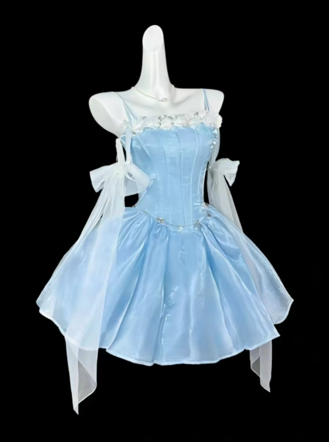 Unique Ball Gown Spaghetti Strap Blue With Bow University Ideas Homecoming Dress Inspo Short Senior Party Cocktail Outfits RB7034