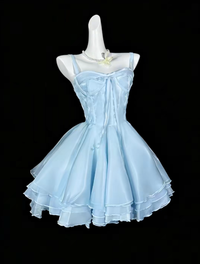 Cute Ball Gown Spaghetti Straps Blue Short University Ideas Homecoming Outfits Inspo Senior Hoco Court Dresses RB7039