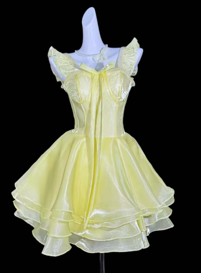 Charming Ball Gown Square Neck Yellow Mini University Ideas Homecoming Dress Inspo Short Birthday Dresses Senior Graduation Outfits RB7063
