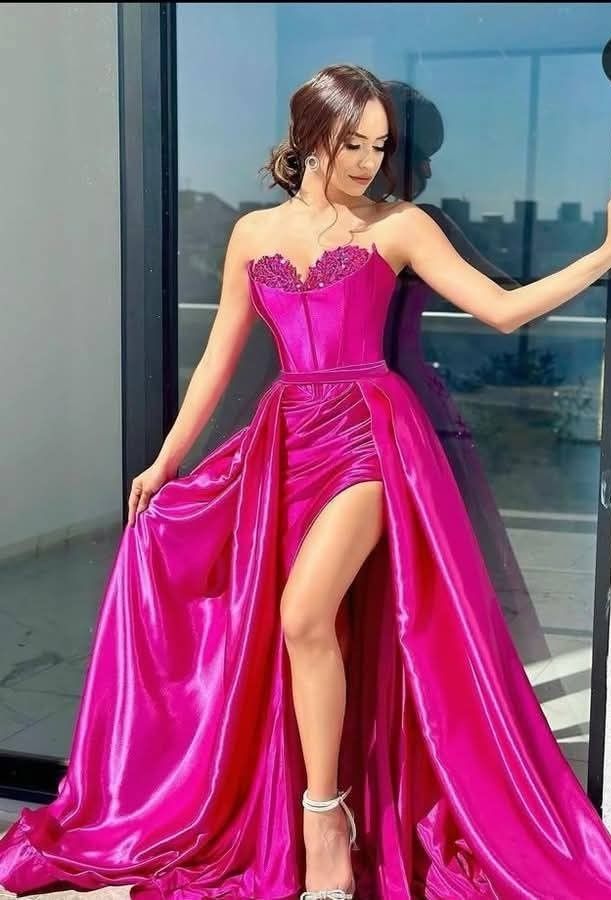 Classy Mermaid Sweetheart Pink Satin Slit Long Prom Dresses Party Dress 22th Birthday Outfits Graduation Dress RB718