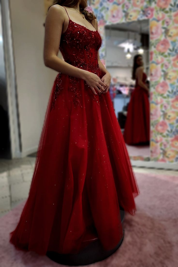 Süße A-Linie Spaghettiträger Burgunder Tüll Spitze Ballkleider Partykleid Geburtstag Outfits Abschlusskleid RB769