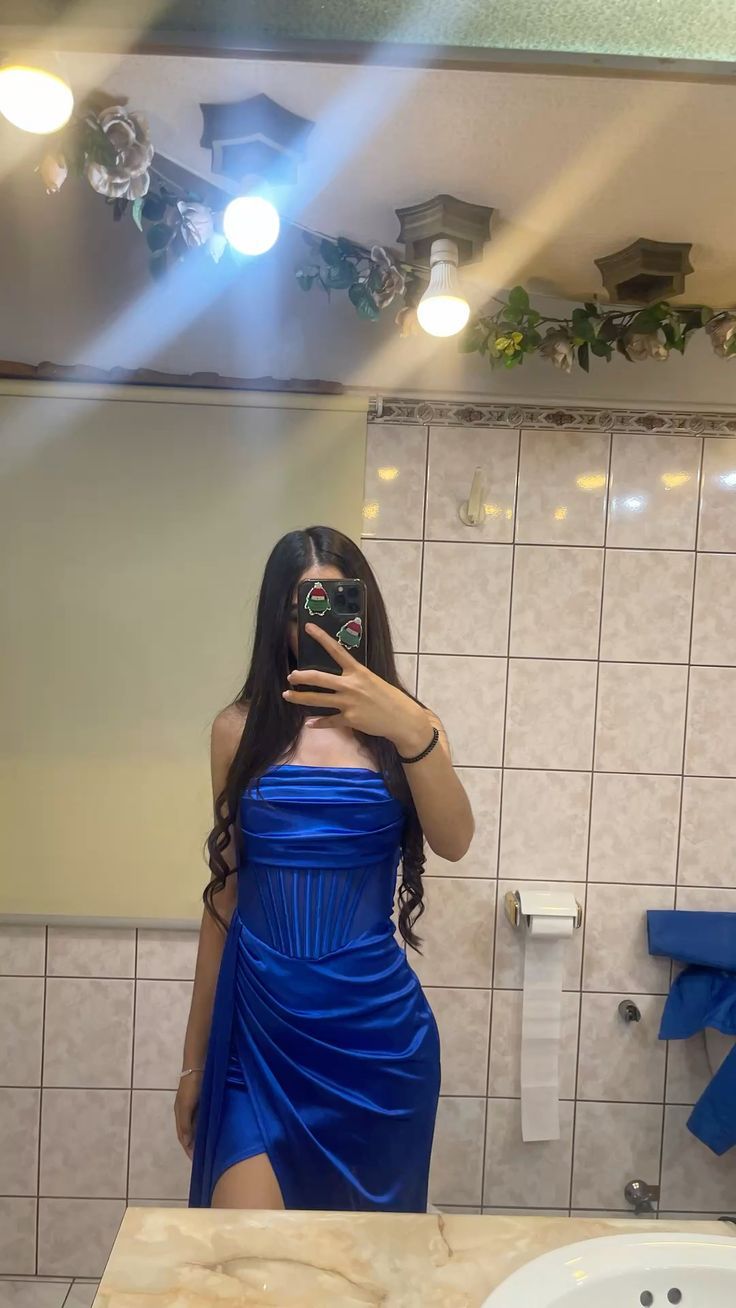 Classy Sheath Strapless Royal Blue Satin Slit Prom Dresses Party Dress 21st Birthday Outfits Senior Graduation Dress RB831