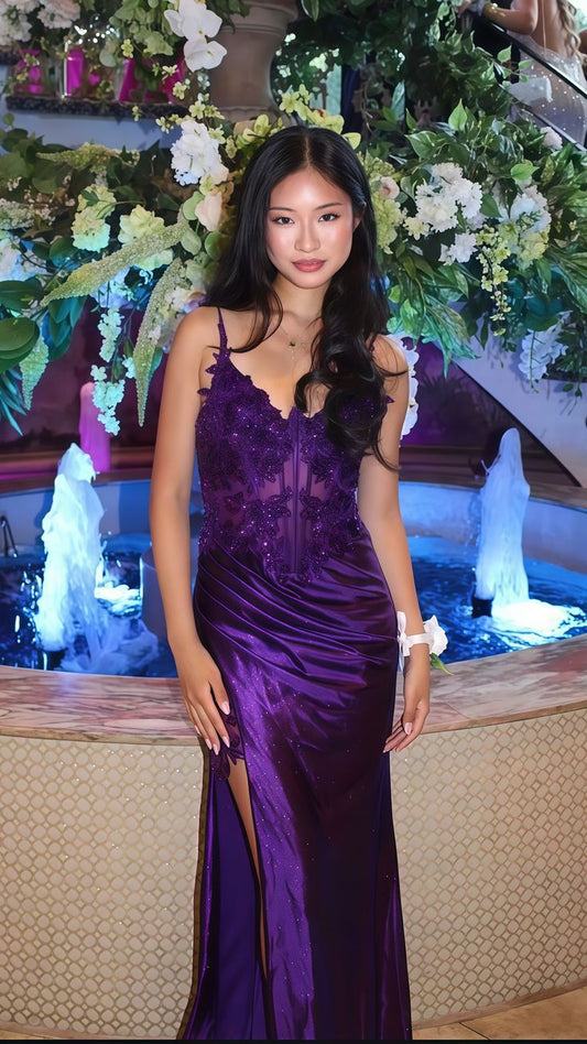 Modest Mermaid Spaghetti Straps Grape Satin Lace Prom Dresses Inspiration Slit Prom Dress Princess Graduation Dress RB842