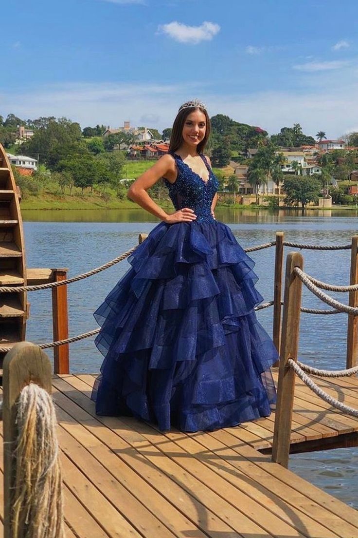 Sparkly Ball Gown V Neck Navy Blue Lace Tulle Prom Dresses Party Dress 21st Birthday Outfits Graduation Dress RB872