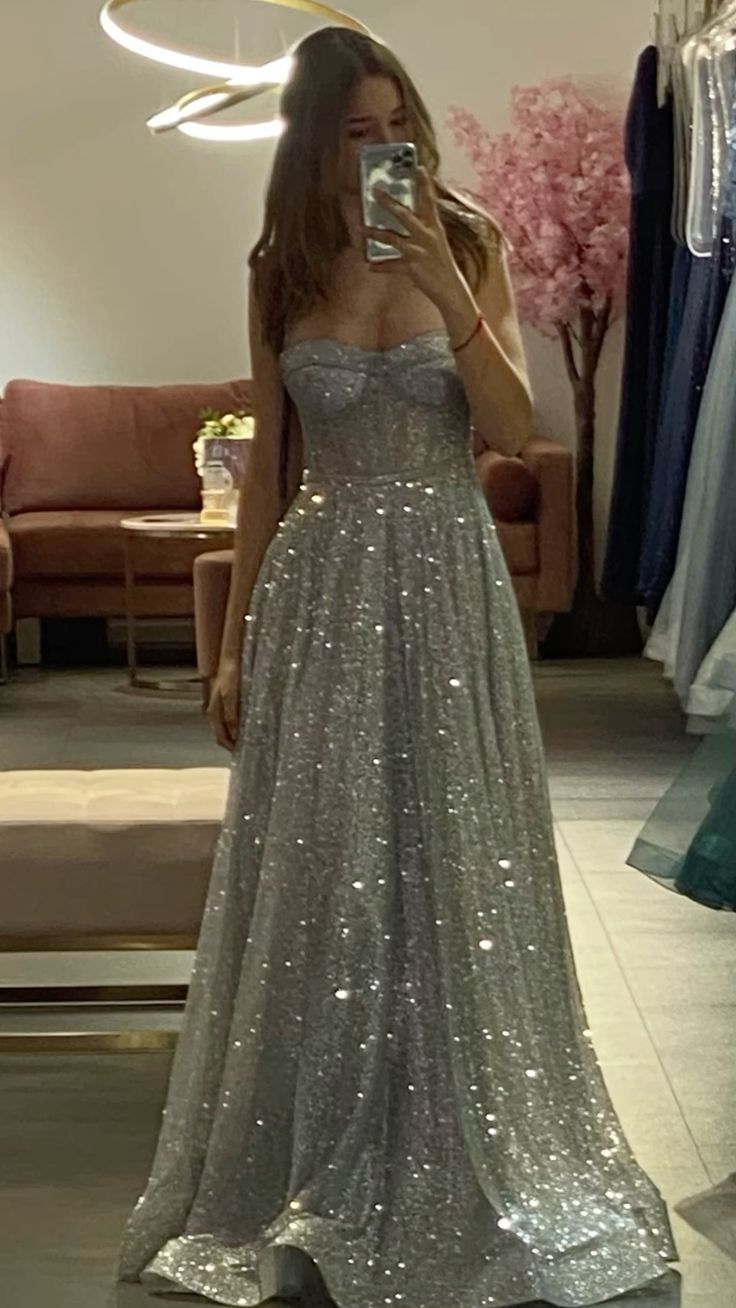 Modest A line Spaghetti Straps Silver Sequin Prom Dresses Inspiration Prom Dress Senior Graduation Dress RB880