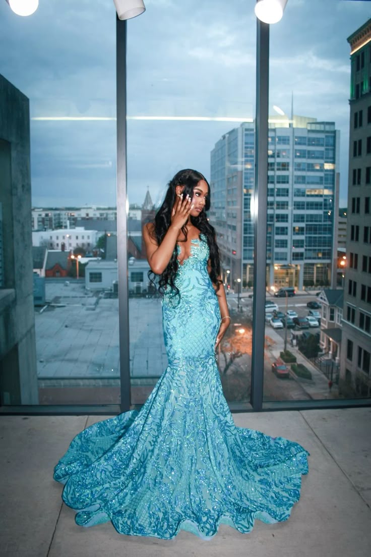 Unique Mermaid Blue Sequin Black Girl Prom Dresses Long Party Dress 21st Birthday Outfits Graduation Dress RB921