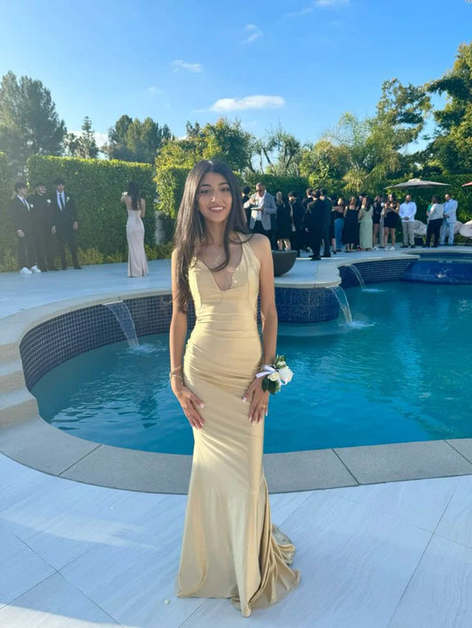 Unique Mermaid Satin Gold Backless Prom Dresses Long Party Dress 21st Birthday Outfits Graduation Dress RB930