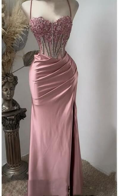 Sexy Mermaid Spaghetti Straps Pink Satin Prom Dresses Long Party Dress 21st Birthday Outfit Graduation Dress RB970