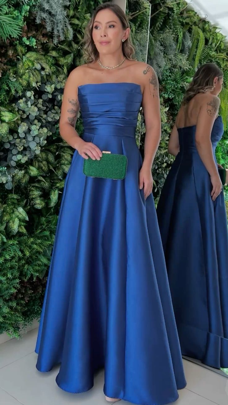 Cute A Line Strapless Blue Satin Prom Dresses Long Party Dress 18th Birthday Outfit Graduation Dress RB986