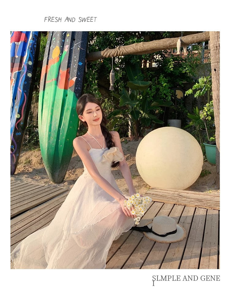 Simple White Spaghetti Strap A-Line Chiffon Short Summer Beach Dress RF01003