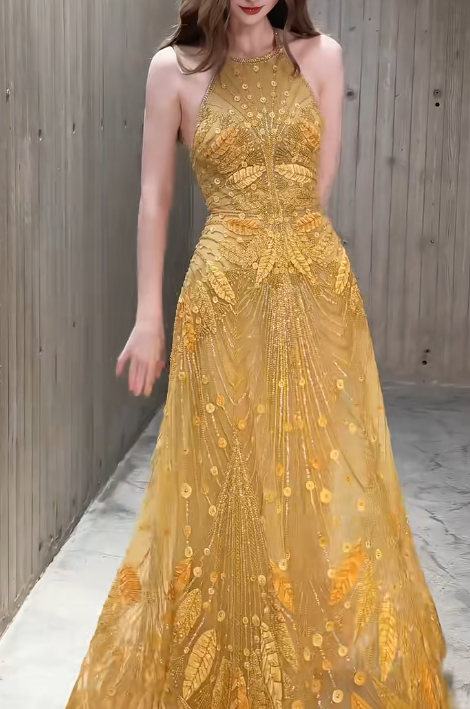Elegant Gold Halter Neck A-Line Beading Long Prom Dresses, Formal Evening Dresses RF01008