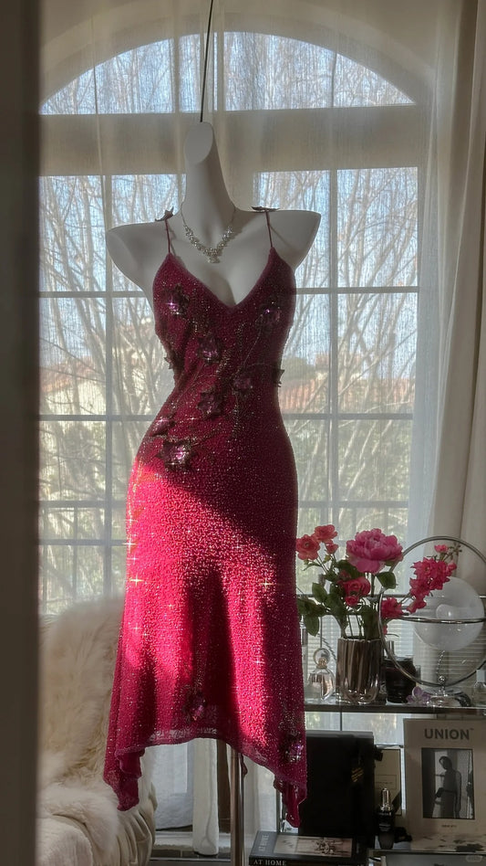 Elegantes rotes Etuikleid aus Seide mit Spaghettiträgern und Perlen, kurzes Ballkleid mit 3D-Applikationen RF01012