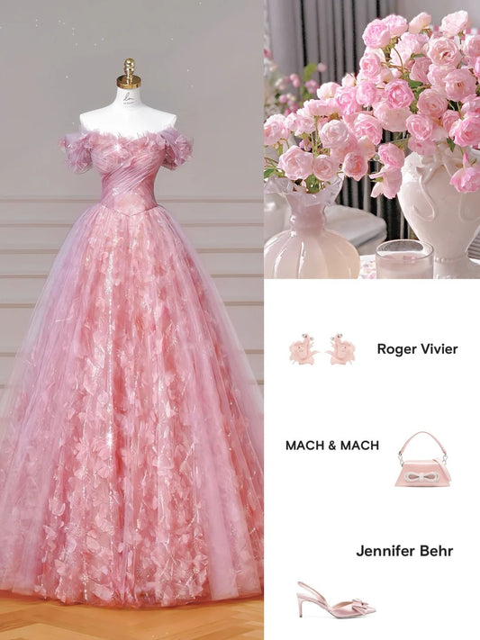 Süßes rosa schulterfreies A-Linien-Tüll-Applikation-langes Quinceanera-Kleid Wunderschöne Quinceanera-Kleider RF01028